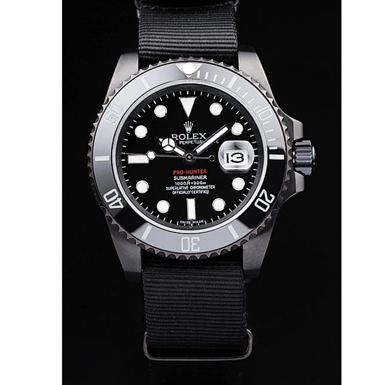 MiroTime 0706 Rolex Swiss Submariner Pro-Hunter Black Fabric Strap Black Dial